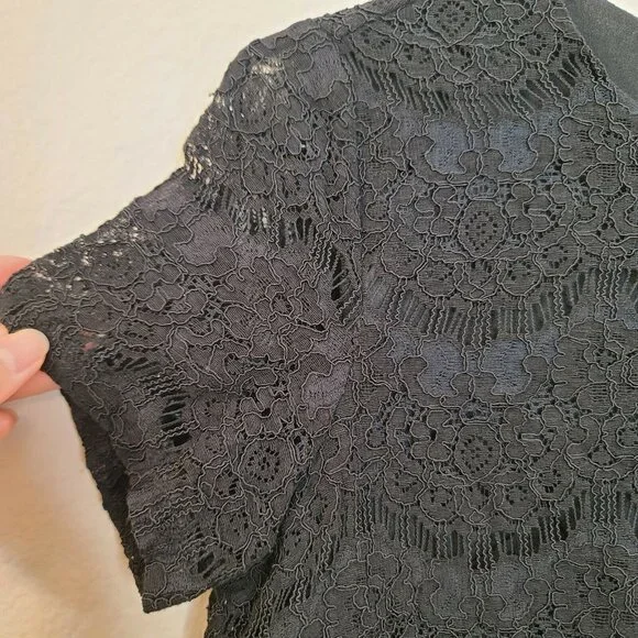 Monteau Womens Blouse Top Medium Black Floral Lace Crochet Short Sleeve Casual - Picture 9 of 12